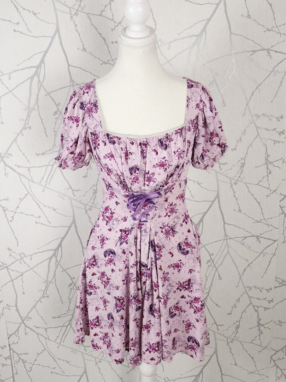 Hot Topic Lilac Floral Tarot Square Neck Lace Up Front Mini Dress